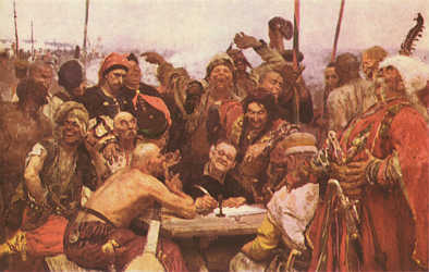 Zaporozhtsi write a letter to the turkish sultan, by I. Repin