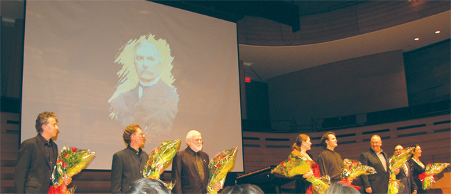 L. to R.: Roman Borys, Albert Krywolt, Stuart Hamilton, Krisztina Szabó, Russell Braun, Pavlo Hunka, Roman Hurko and Monica Whicher after performance of Mykola Lysenko Ukrainian  Art Song, Koerner Hall, Royal Conservatory of Music, Toronto