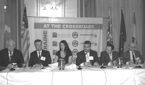 9 – L. to R.: Derek Fraser, Valentyn Nalyvaichenko, Amanda Paul, Dr. Ariel Cohen, Ihor Kozak, James Sherr