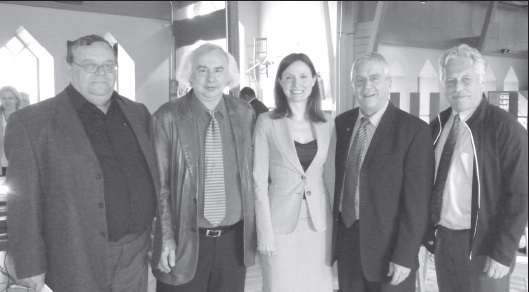 L. to R.: James Slobodian; Filmmaker Yurij Luhovy; Anastasia Kyva; Deputy Premier of Quebec François Gendron opening keynote speaker; Research-historian Peter Melnycky at the Premiere of the French version Ukrainians in Quebec