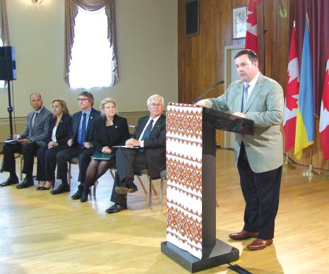 1 - L. to R.: Paul Grod, UCC National President; Stella Ambler, MP Mississauga-South; Ted Opitz, MP Etobicoke-Centre; Lois Brow, Parliamentary Secretary to Minister of International Cooperation; Bob Dechert, Parliamentary Secretary to Minister of Foreign Affairs; Hon. Jason Kenney