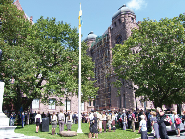 Ukrainian Flag raised before Ontario Legislature at Queen's Park  in Toronto