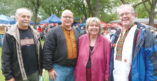 UCC Internment committee members at 2013 Montreal Ukrainian Festival Sept 7, L. to R.: Danylo Bodnar, UCC National Internment Interim-chair; Taras Zalusky, UCC National Executive Director, Ottawa bureau; Zorianna Hrycenko-Luhova, UCC Montreal President and Vasyl Pawlowsky internment committee member