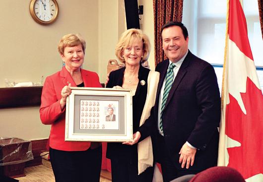 1 - Senate in Ottawa Honoures Paul Yuzyk with stamp. L. to R.: Vicki Karpiak, The Honourable Senator Raynell Andreychuk, The Honorouble Jason Kenney, MP