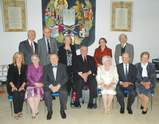 Alumni Honoured at the 2010 University of Manitoba Ukrainian Canadian Alumni Banquet. First Row (seated left to right): Alexis Kochan, Orysia Hull, Dr. Jaroslaw Barwinsky, Hon. Benjamin Hewak, Dr. Mary Pankiw, Dr. Peter Kondra and Victoria Adams. Second Row (left to right): Dr. Louis Melosky, Dr. Ihor Mayba, Sonja Bejzyk, Zorianna Hyworon and Dr. Robert Klymasz