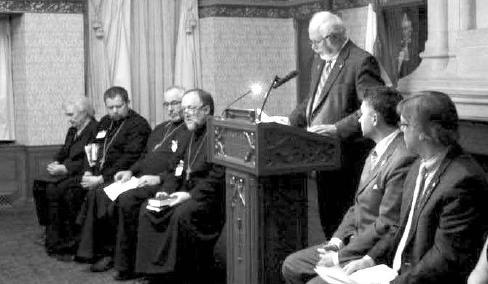 Holodomor Commemoration MC Robert Sopuck MP, CUPFG Chair. Holodomor survivor Dr. Julia Woychyshyn remembers (seated far left)