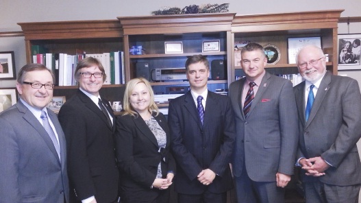 L. to R.: Ed Komarnicki, Ted Opitz, Stella Ambler, Ukrainian Ambassador in Canada Vadym Prystaiko, James Bezan and Robert Sopuck, Chair of Canada-Ukraine Parliamentary Friendship Group