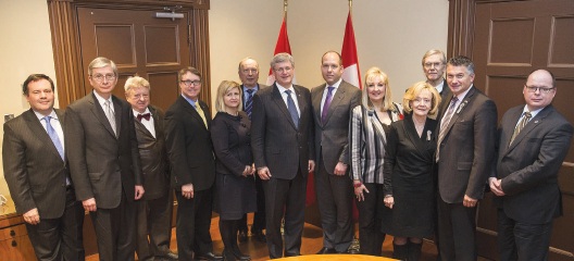 From L. to R.: The Hon. Jason Kenney, Ewhen Czolij, Ihor Bardyn, Ted Opitz, Adriana Buyniak Willson, Bohdan Onyschuk, Prime Minister Stephen Harper, Paul Grod, Lesia Shymko, Senator Raynell Andreychuk, Orest Steciw, James Bezan and Taras Zalusky