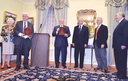 Antonovych Award Ceremony (LR): award jury chair Martha Bohachevsky-Chomiak; recipients Zenon Kohut and Frank Sysyn; Ihor Voyevidka, President of Antonovych Foundation; Andrew Lewicky, Treasurer; and Roman Sloniewsky, Secretary